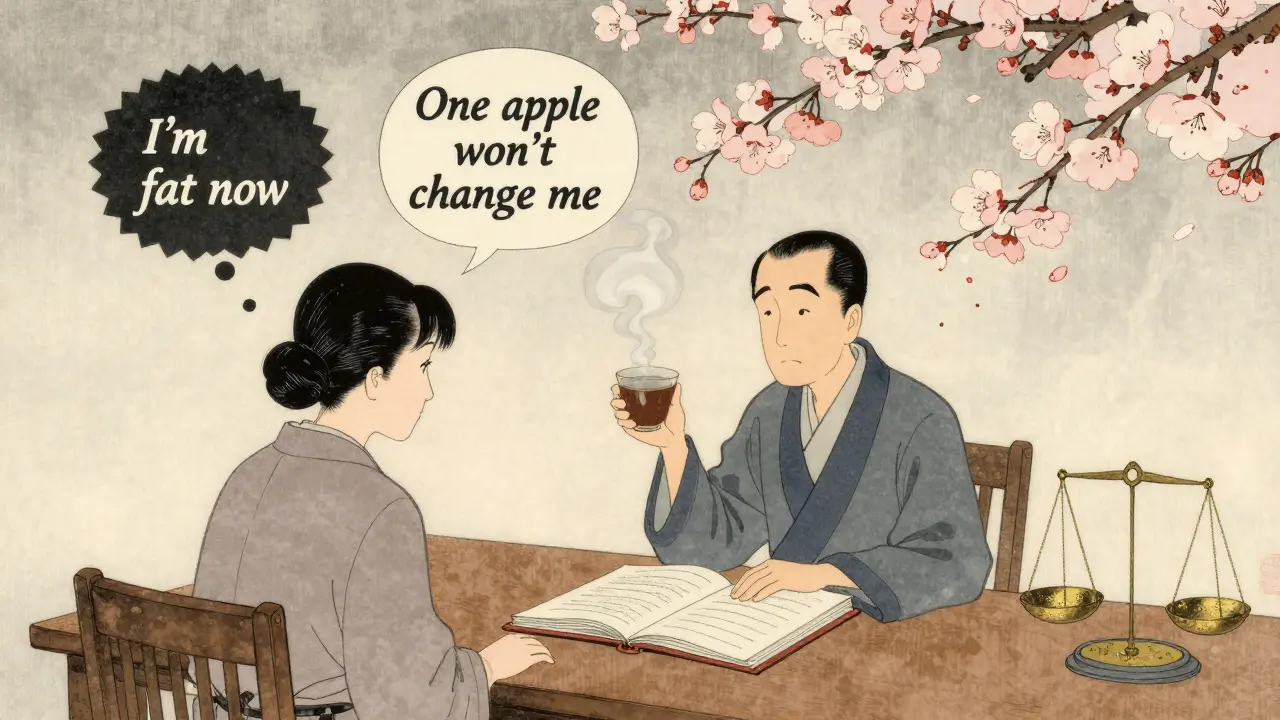 Terapeut a pacient spolu u stolu s protichodnými myšlenkami v bublinách, v japonském stylu.