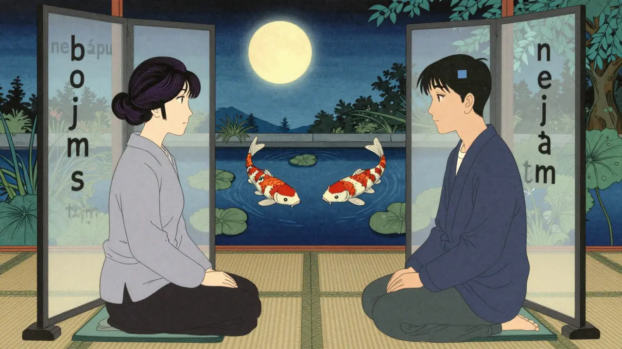 Terapeut mezi dvojicí, jejich emoce vyjádřeny přes průhledné obrazovky s českými slovy strachu a nejistoty.