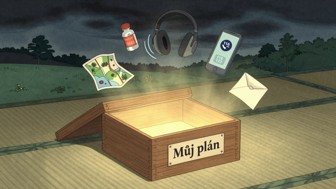 Zavřená krabice s krizovým plánem září zevnitř, kolem ní plavou symboly bezpečí a pomoci.