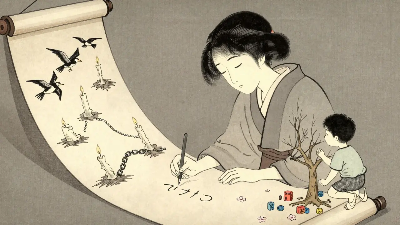Žena podepisuje svůj životní příběh na svitku, dítě kreslí strom — znak uzdravení a obnovy.