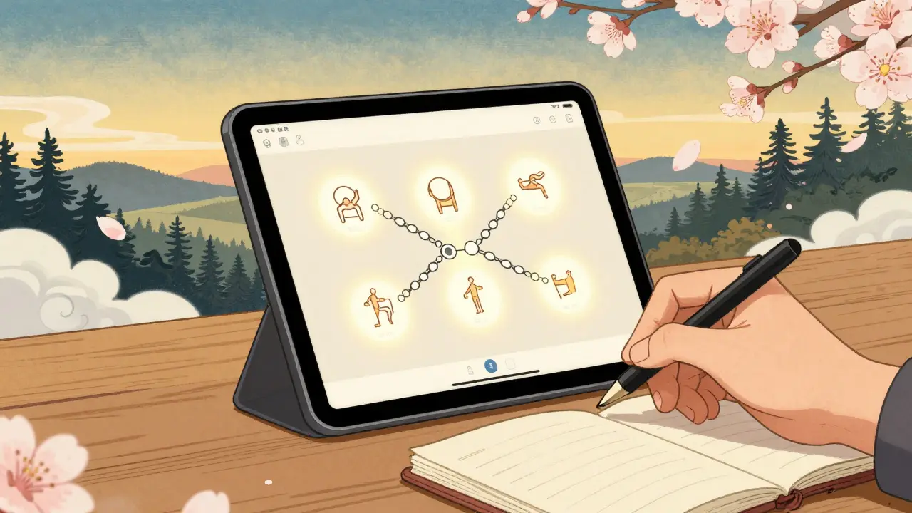 Digitální aplikace s cvičeními KBT v kombinaci s tradičními českými a japonskými motivy.