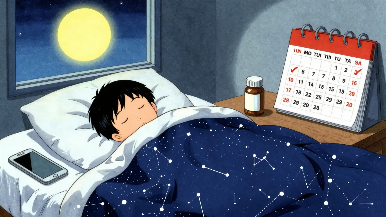 Dítě klidně spí pod pokrývkou s hvězdami, ráno svítí slunce, elektronika je vypnutá, kalendář ukazuje 20 dní bez přerušení spánku.