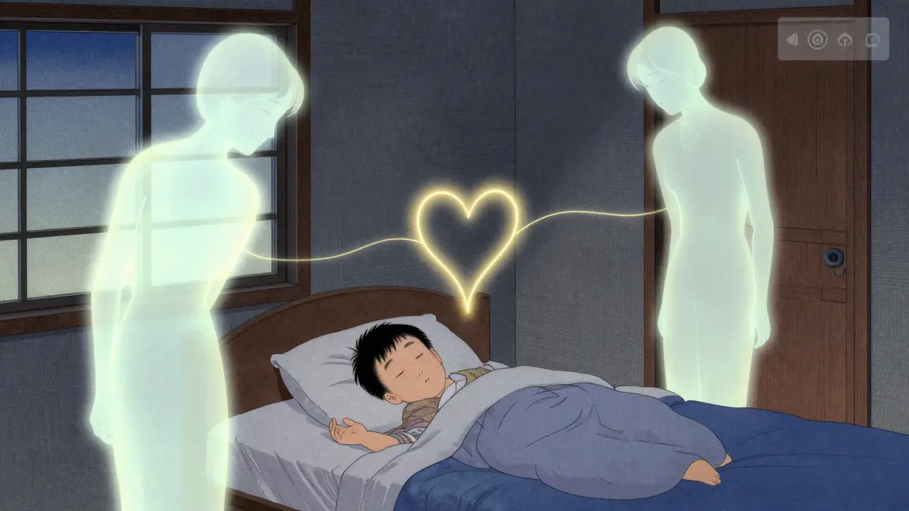 Dítě spí, zatímco dva rodiče pozorují z vzdálenosti, spojeni zlatým světlem, značící přítomnost i bez fyzického kontaktu.