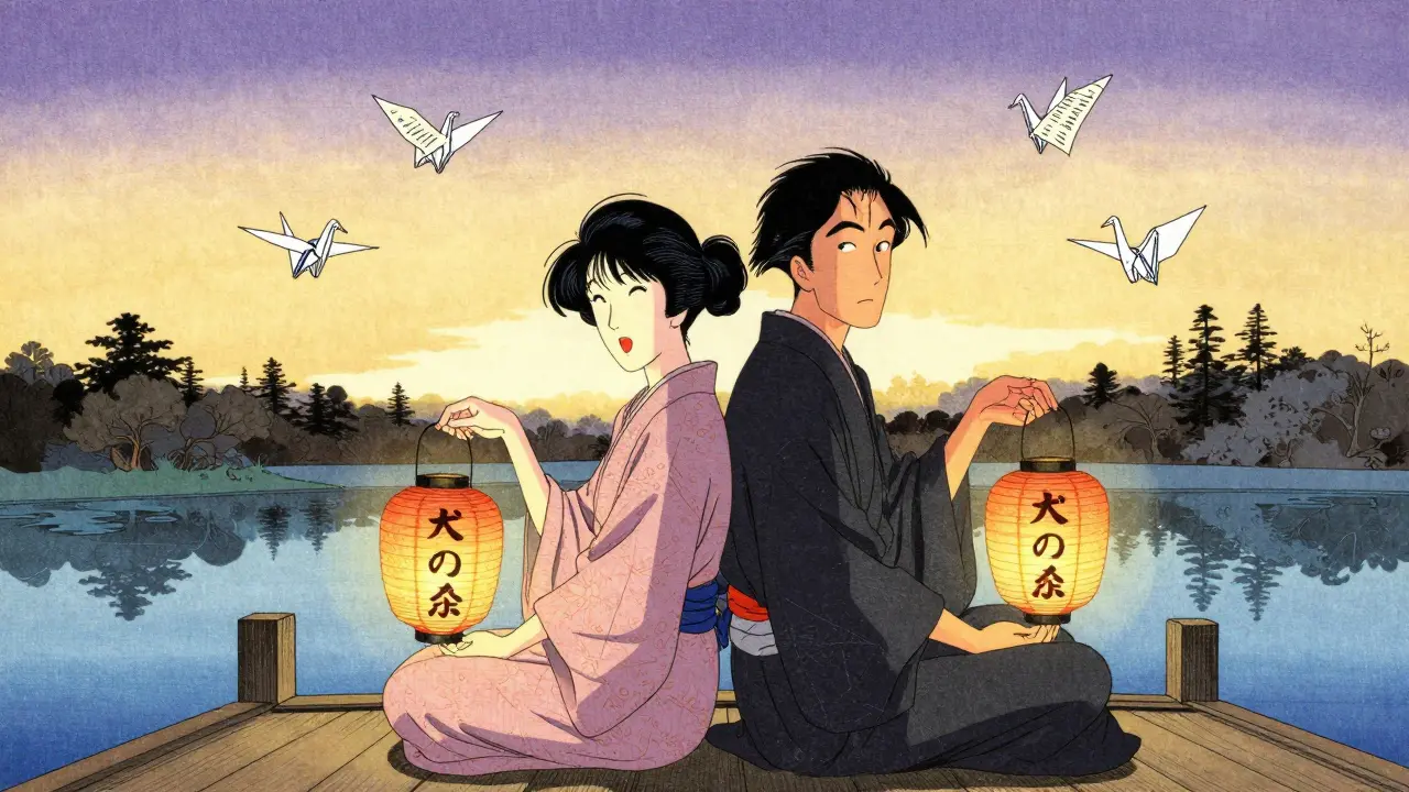 Dvojice sedí na mostě, jejich stíny se slučují, zatímco listy z hádek plují větrem.