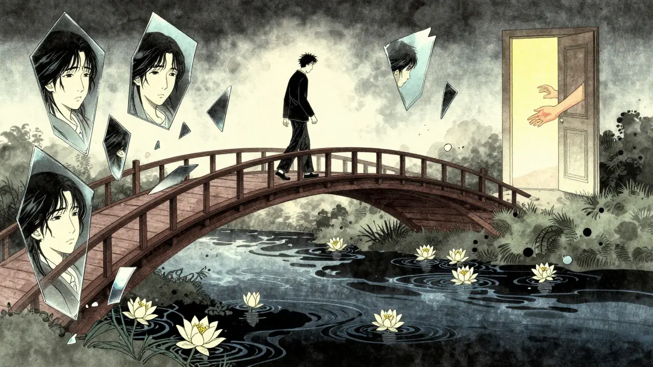 Figure walks across mirror bridge over ink river, lilies bloom where they step, light awaits on the other side.