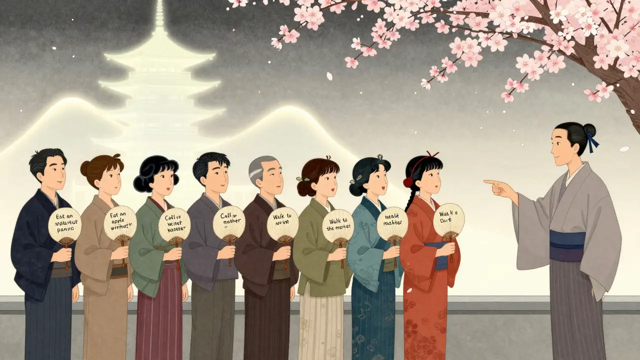 Klienti drží osobní cíle na vějířích, zatímco nad nimi vzniká graf pokroku jako pagoda, s květy jablek a terapeutem, který ukazuje na jeden cíl.