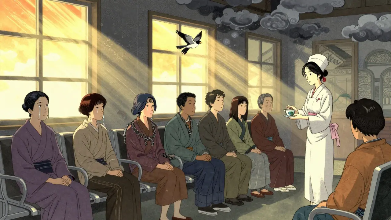 Lidé čekají v příjmové místnosti, sestra jim podává čaj, venku vstává slunce.