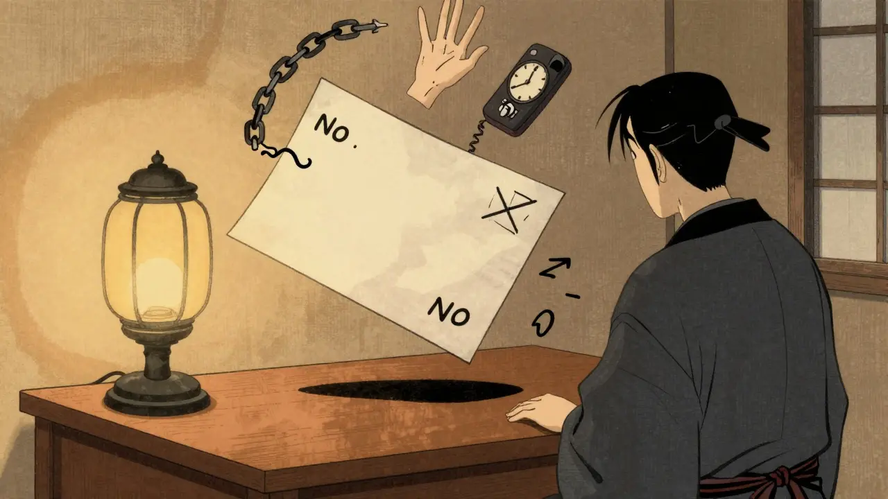 List s žádným textem, ale s symboly porušení hranic — přerušený řetěz, přeškrtnutá ruka, zablokovaný telefon — osvětlený lampou na dřevěném stole.