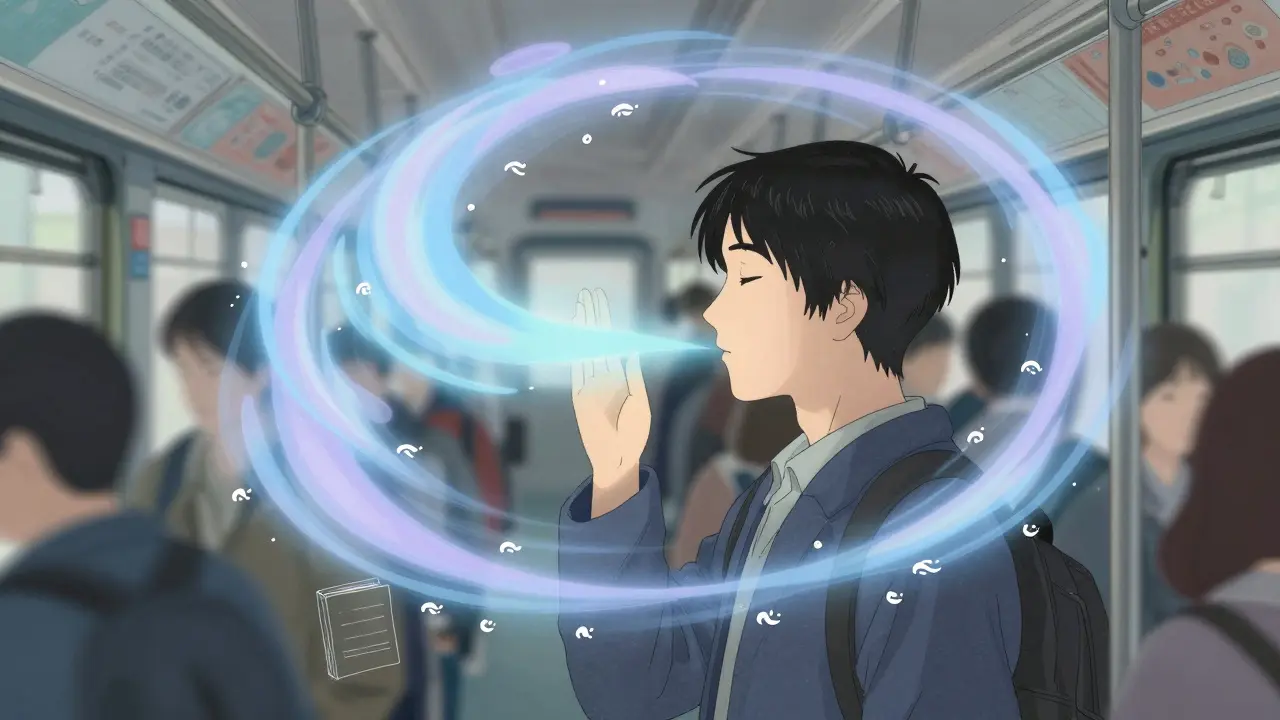 Osoba dýchá pomalu ve veřejné dopravě, viditelné dýchací vlny uklidňují její tělo.