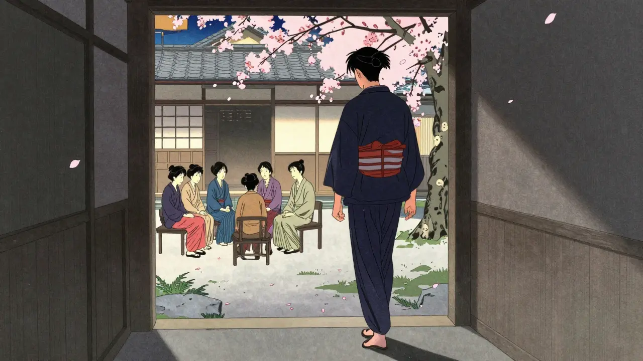 Osoba kročí z temné chodby do osvětleného dvora, kde lidé komunikují — přechod od jednoty ke skupině.