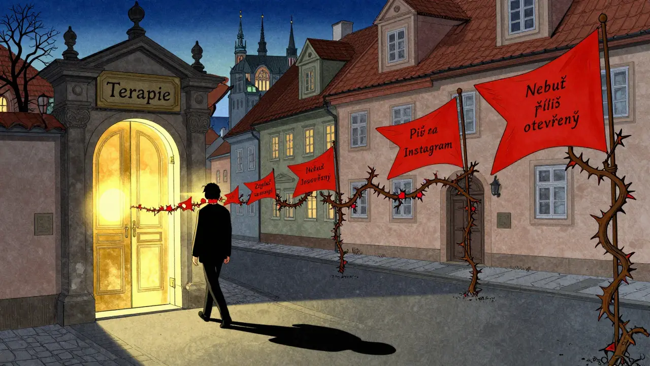 Osoba opouští terapeutickou ordinaci, za níž zůstávají červené vlajky, které se mění v trny.