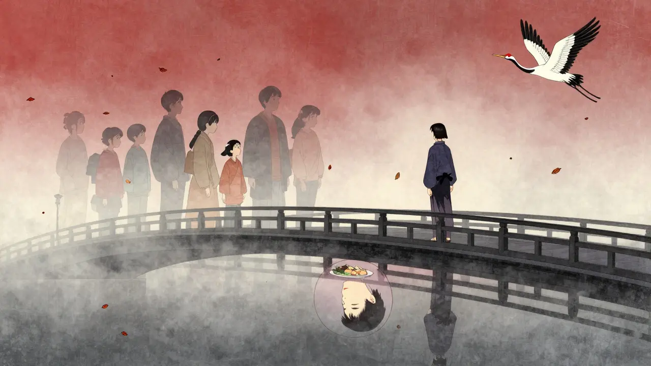 Osoba se dívá na svou odraz v mostě, ale odraz ukazuje jídlo, zatímco kolem ní stojí neviditelní lidé z jejího života.