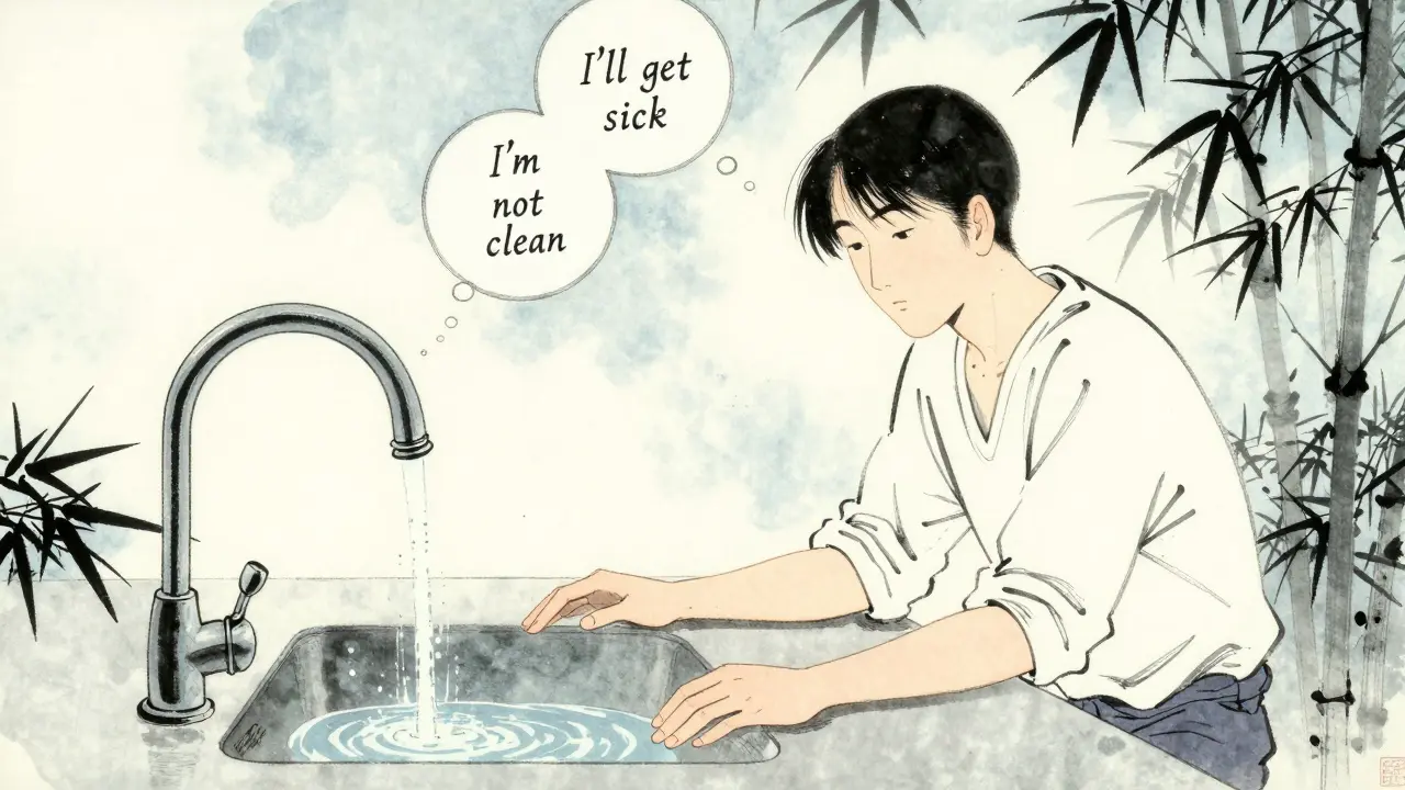 Osoba sedí u kohoutku, voda teče, myšlenky strachu se mění v mlhu bez činnosti.