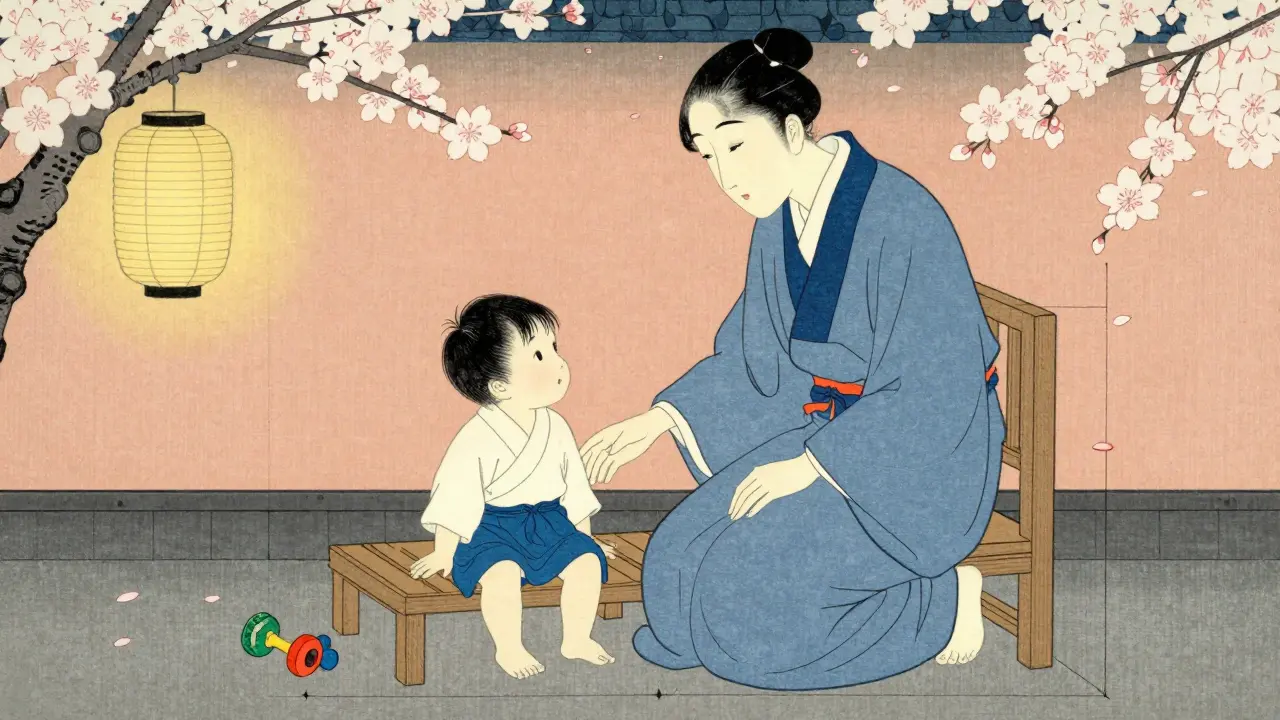 Rodič klidně vede dítě k timeoutu, ve vzduchu visí květy merbíku.