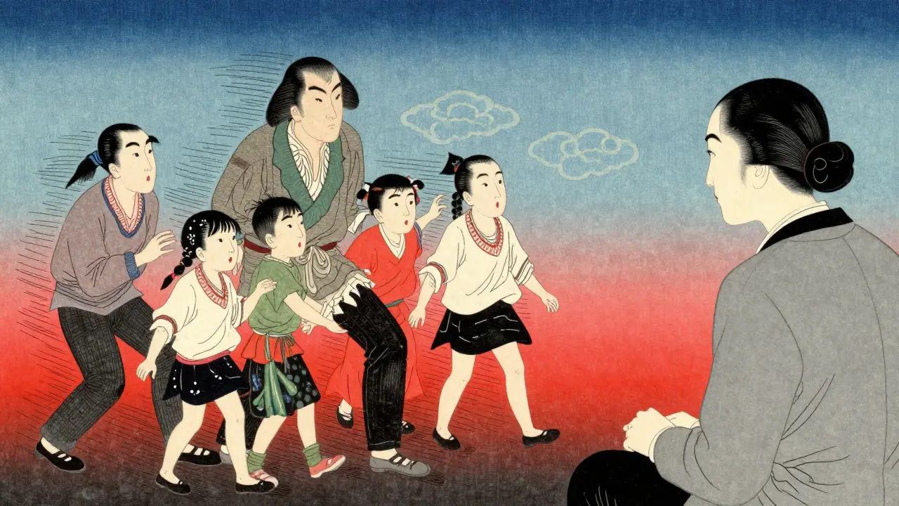 Rodina hádající se během paradoxní intervence, terapeut pozoruje.