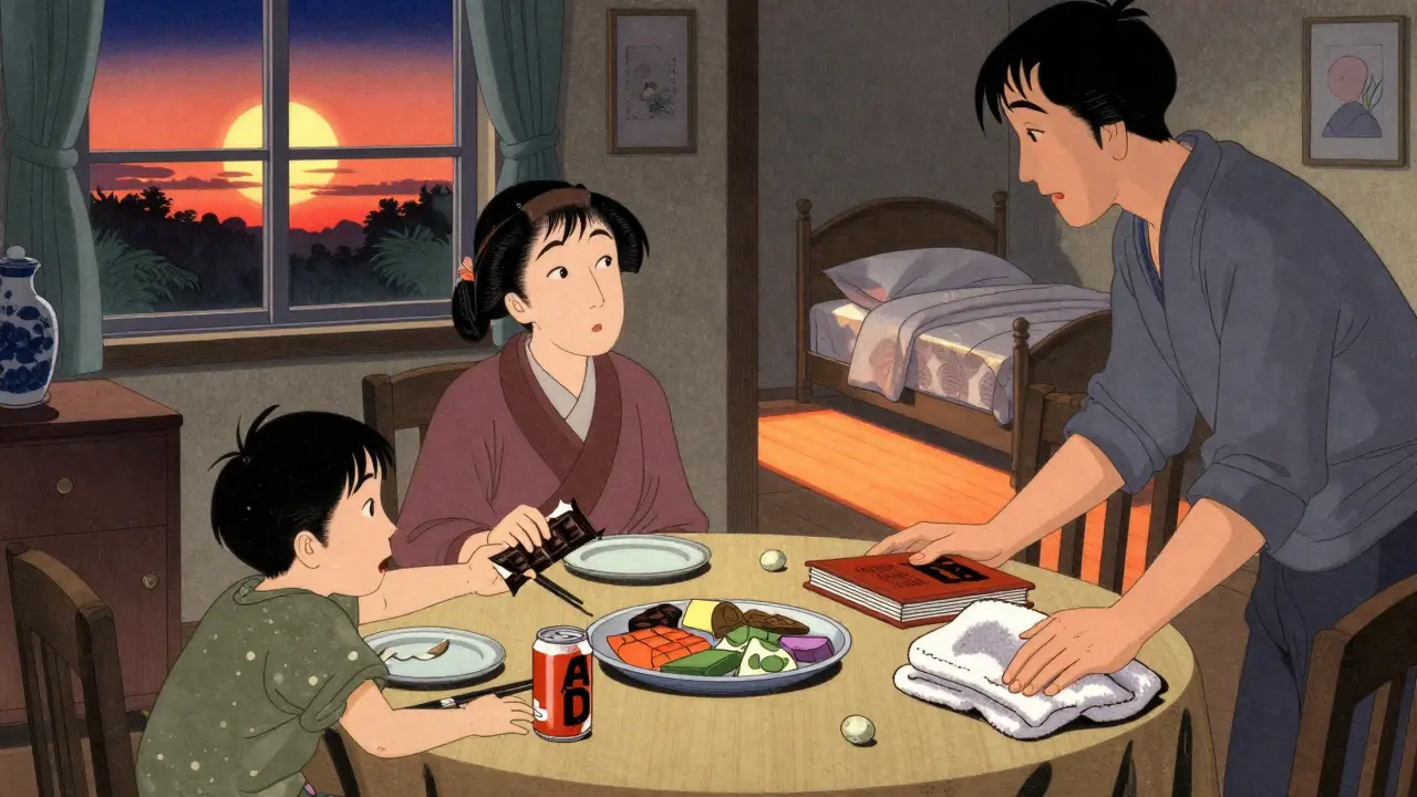 Rodina večeří v 18:00, dítě odmítá čokoládu a nápoj, rodič připravuje klidný večerní rituál s knihou a teplou sprchou.