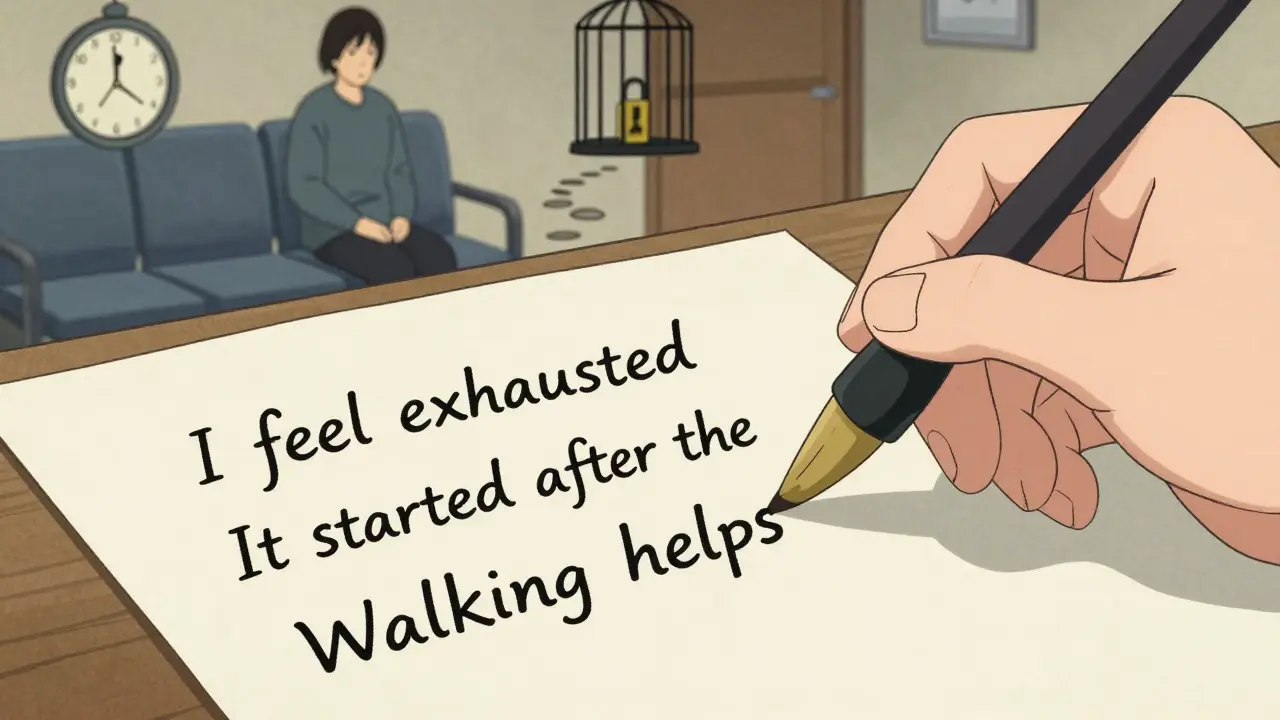 Ruka píše na rýžovém papíru klíčové fráze o emocionálním stavu, za ní symboly úzkosti a cesty k úlevě.