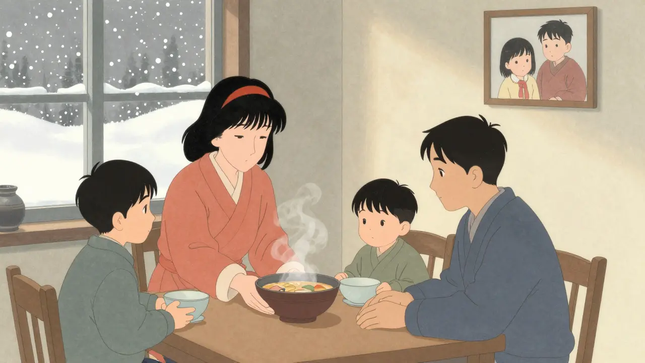 Sestra klade polévku na stůl a dotýká se ruky bratra v tichém bytě v Ostravě, venku padá sníh.