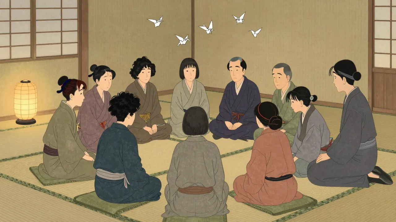 Skupina lidí sedí v kruhu v japonském prostředí, symbolizující skupinovou psychoterapii.