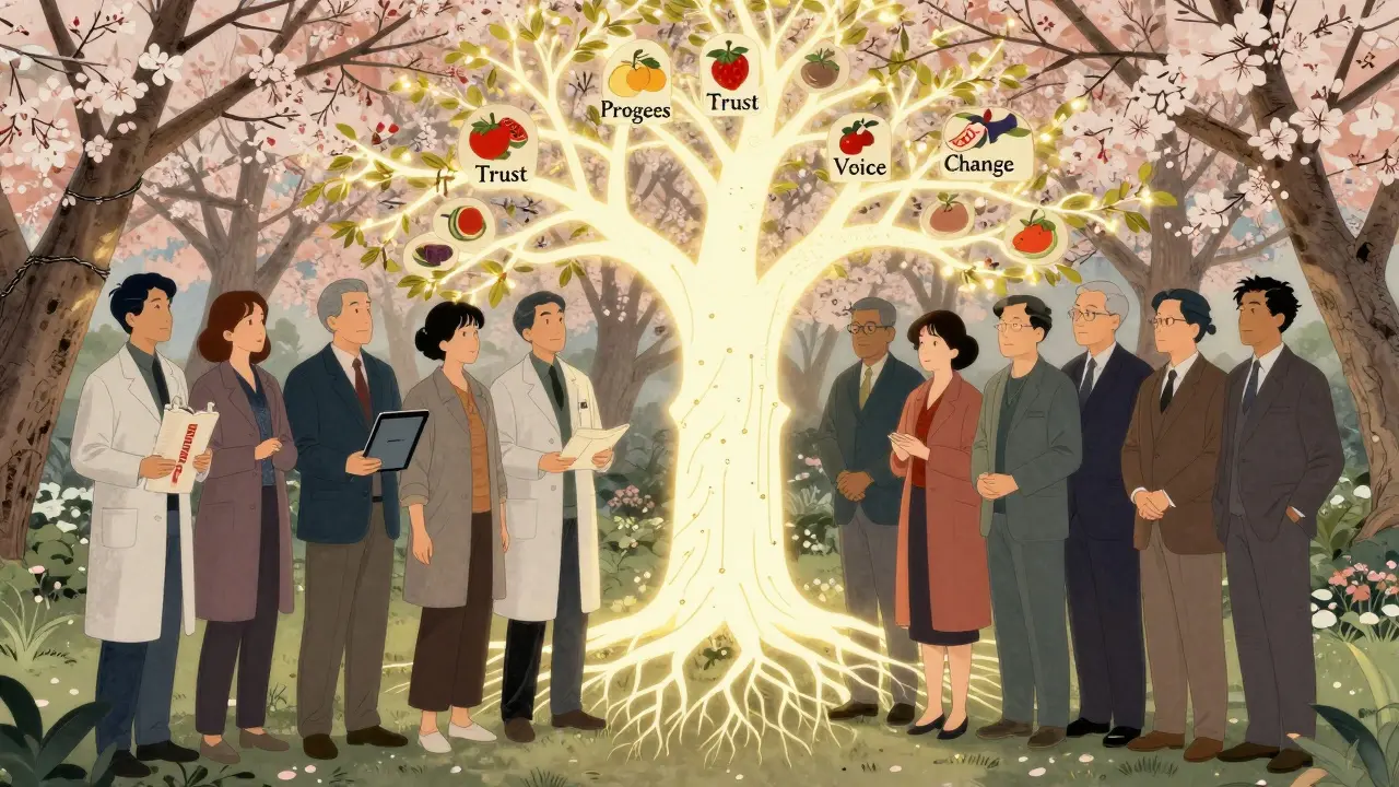 Skupina terapeutů ve výhledu pod kvetoucími větvemi, kolem nichž se tvoří strom pokroku s plody označenými klíčovými hodnotami.