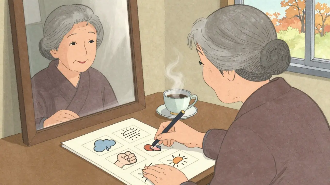 Starší žena sleduje velké ikony na pracovním listu, její odraz v zrcadle ukazuje mladší verzi sebe.