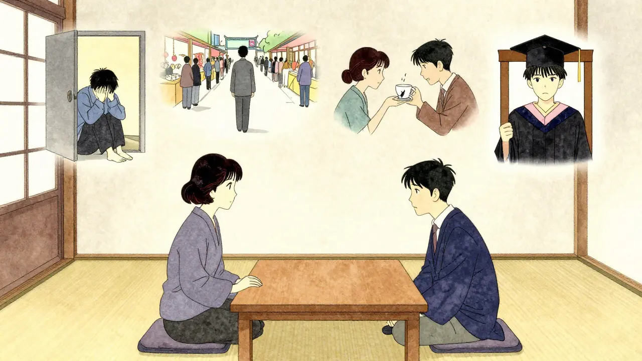 Terapeut a klient sedí u stolu, kolem nich jsou čtyři scény znázorňující vztahové problémy: ztráta, izolace, konflikt a přechod.