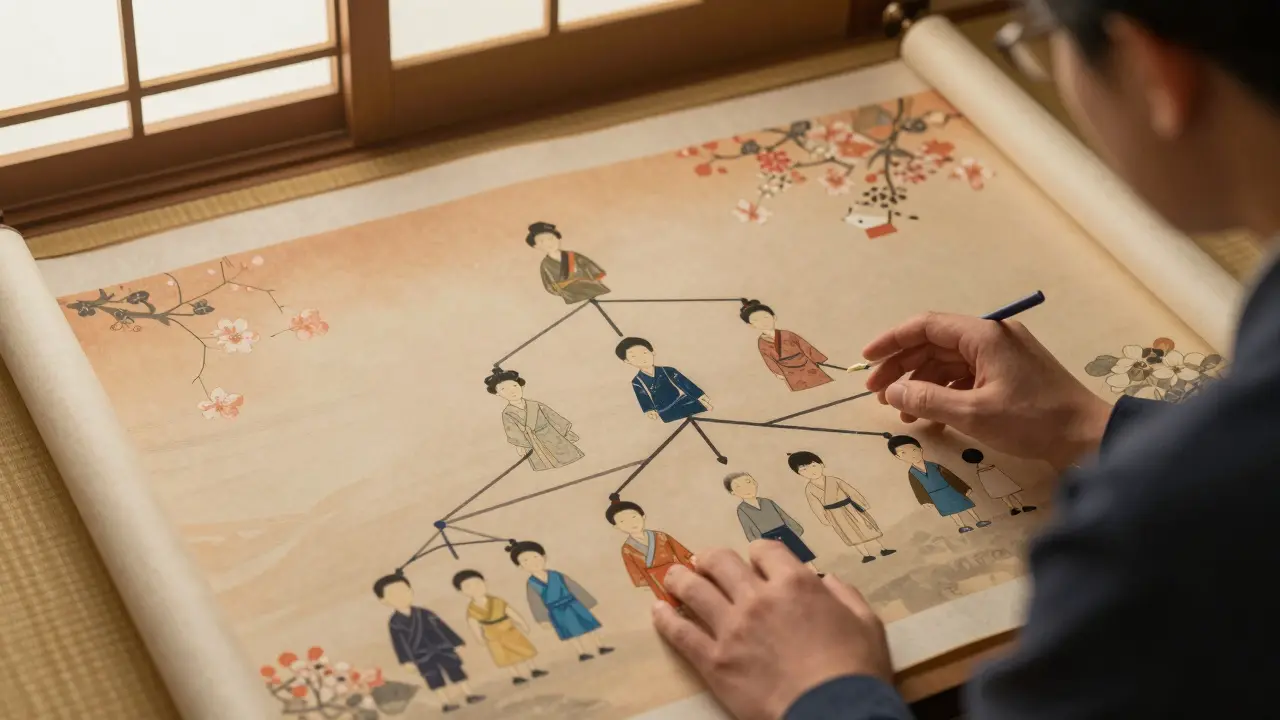 Terapeut a rodina vytvářejí genogram na svitku s symboly tří generací.