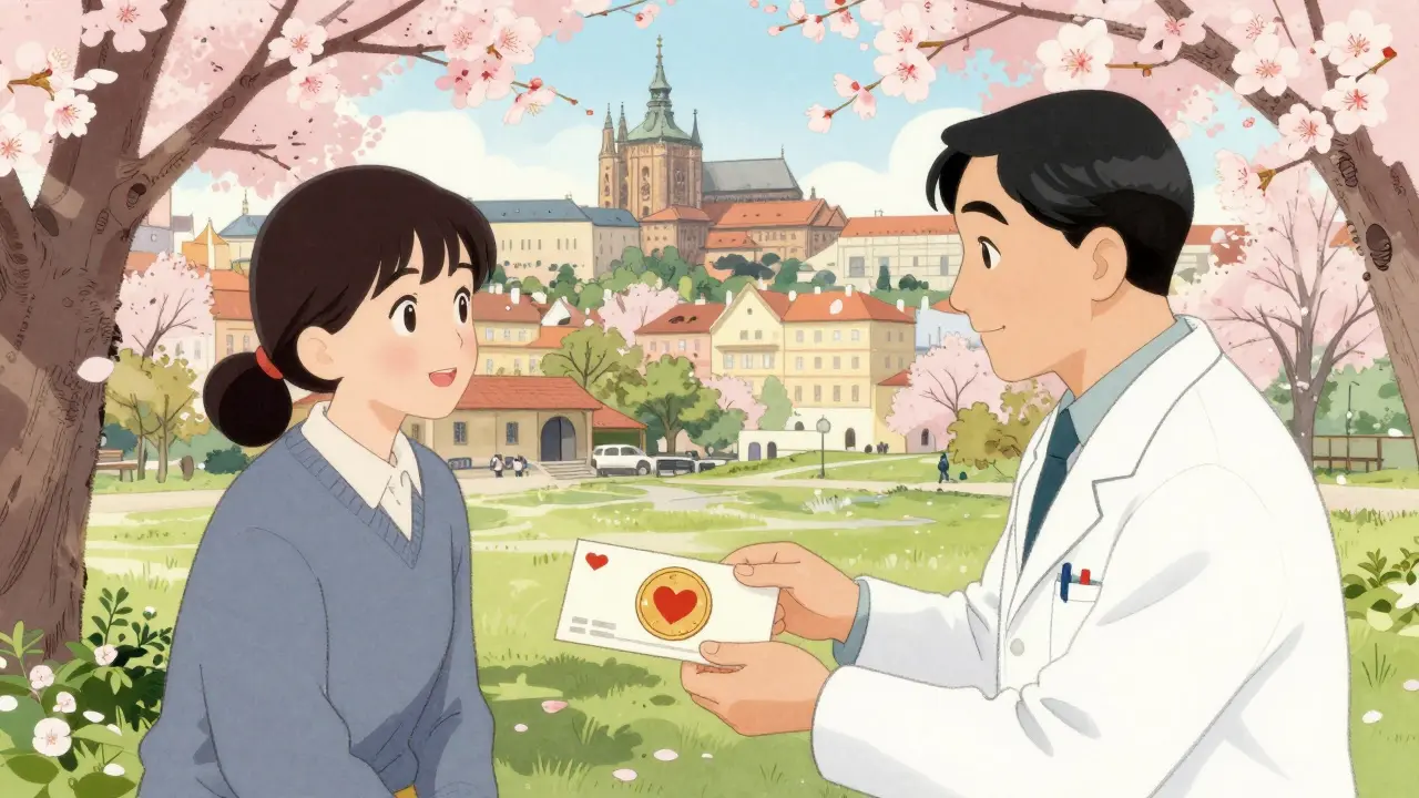 Terapeut předává klientovi poukaz s korunou a srdcem.