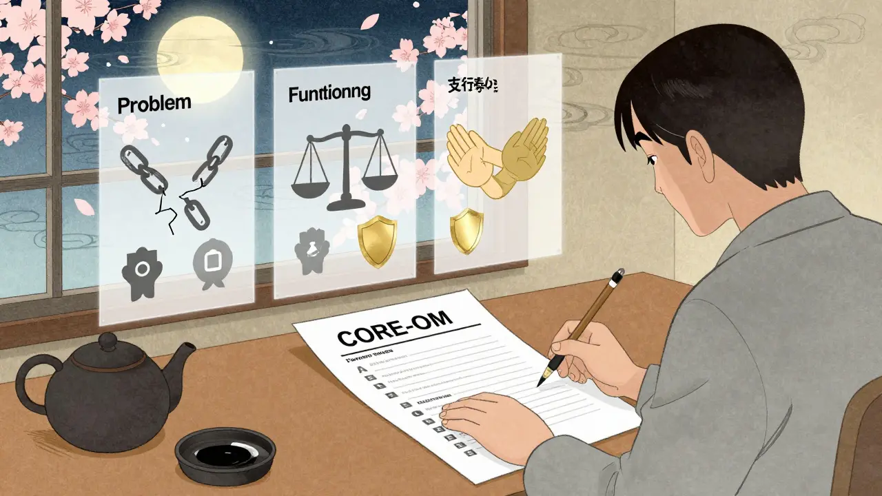 Terapeut prohlíží dotazník CORE-OM na stole, nad ním plavou symboly změny v oblastech problémů, vztahů, funkce a bezpečí.