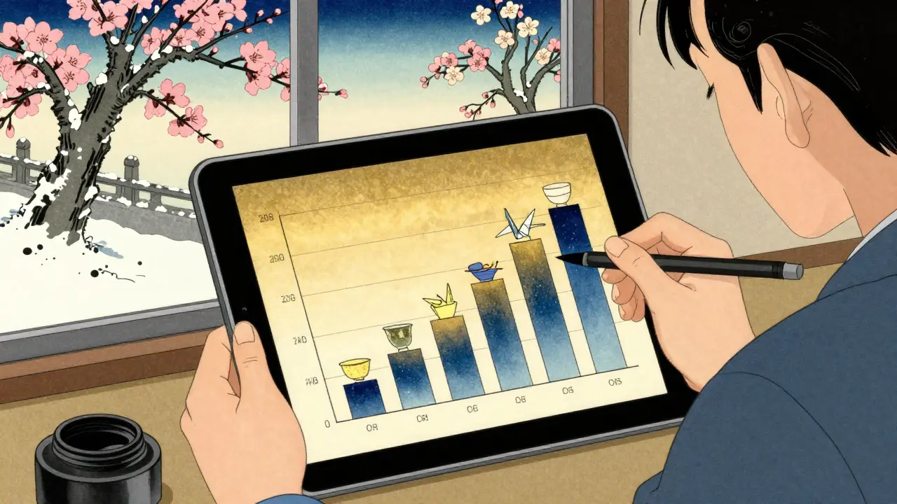 Terapeut ukazuje klientovi rukou kreslený graf skóre v stylu japonského svitku, s teplými barvami a symbolickými motivy.