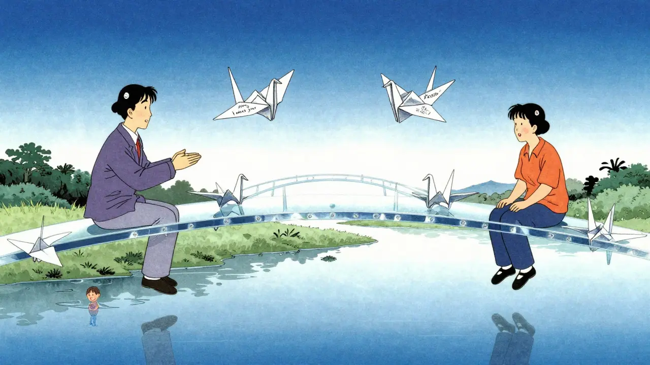 Terapeut vede rodiče po mostě z papírových žáber, každá nese dítětovo přání, symbolizující komunikaci.