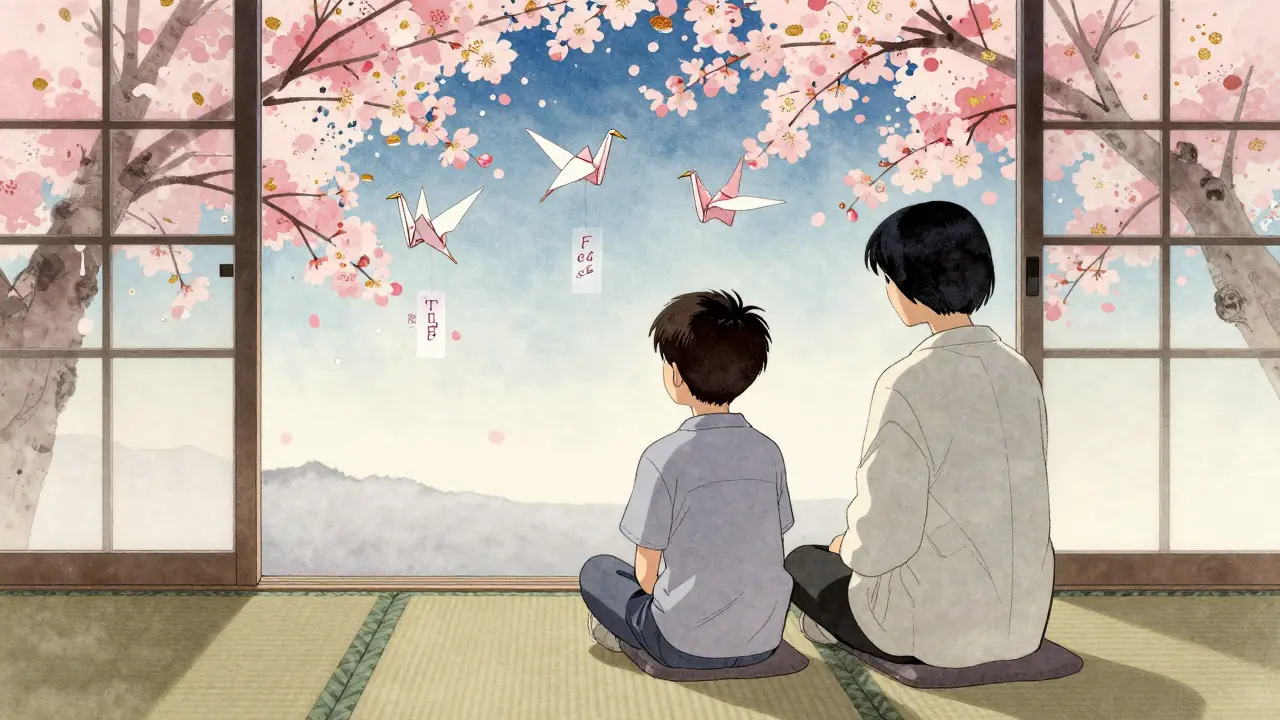 Therapist and teen sit together gazing at cherry blossoms, with floating paper cranes bearing healing words.