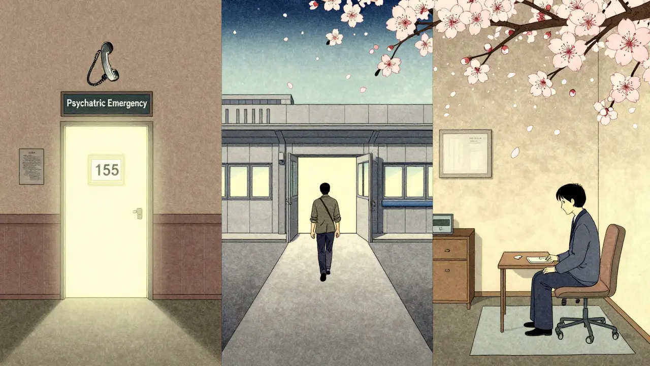 Tři cesty vedoucí k psychiatrické pohotovosti s telefonem 155, nemocnicí a terapeutem.