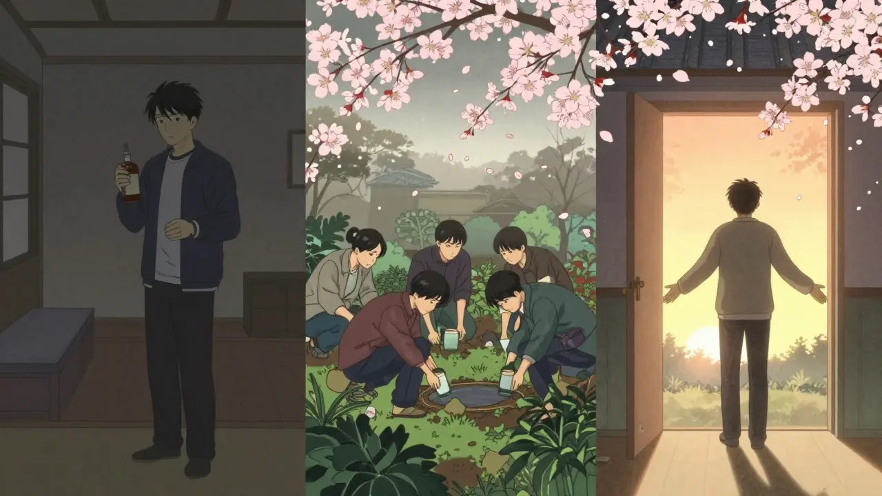 Tři fáze léčby: izolace, komunita a návrat — s květy čerem a úsvitem.