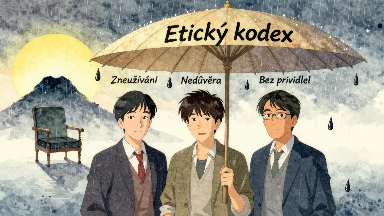 Tři klienti jsou chráněni deštníkem s nápisem 'Etický kodex' proti temným dešťovým kapkám.