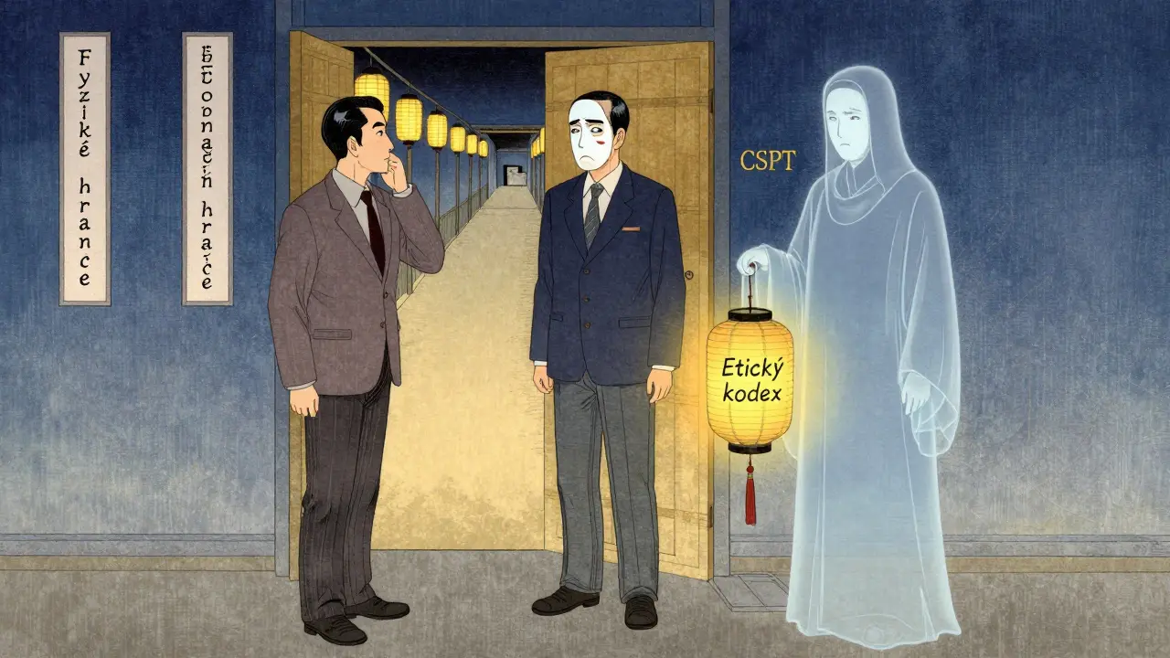 Tři postavy na prahu: klient, terapeut s maskou a průhledný strážce s laternou 'Etický kodex' — pozadí s laternami označenými klíčovými hranicemi.