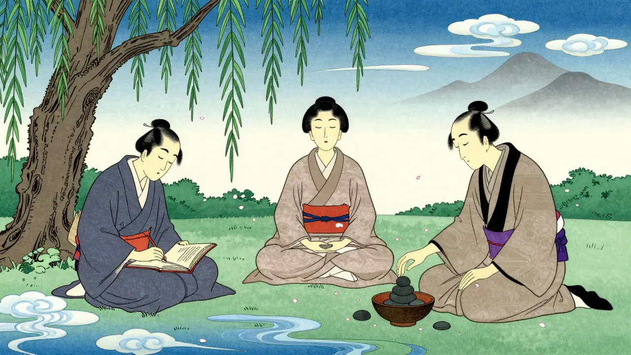 Tři postavy v zahradě symbolizují deníkování, dýchání a vděčnost v klidné japonské krajině.