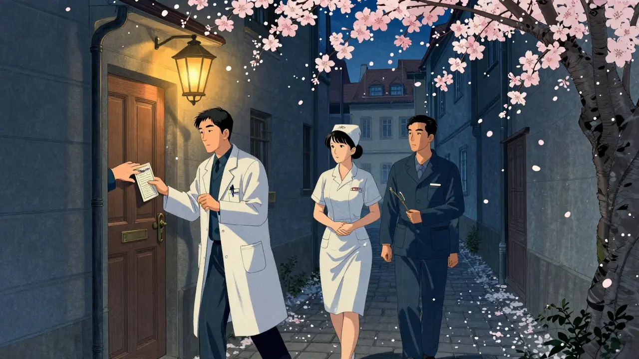 Tým zdravotníků zaklepává na dveře v Praze, předávají záchranný plán, kolem nich padají květy.