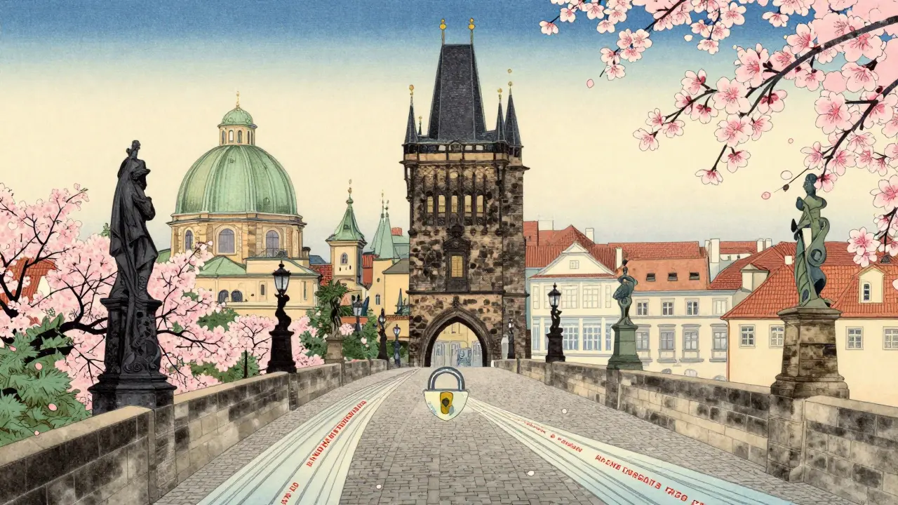 Zakrytá data přes Karlův most s klíčem a květinami.