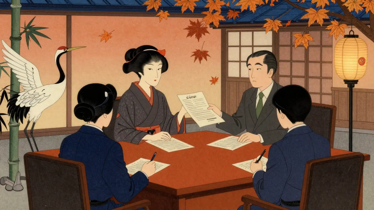 Žena podává stížnost etické komisi, kolem nich symbolické tvory a japonská architektura.