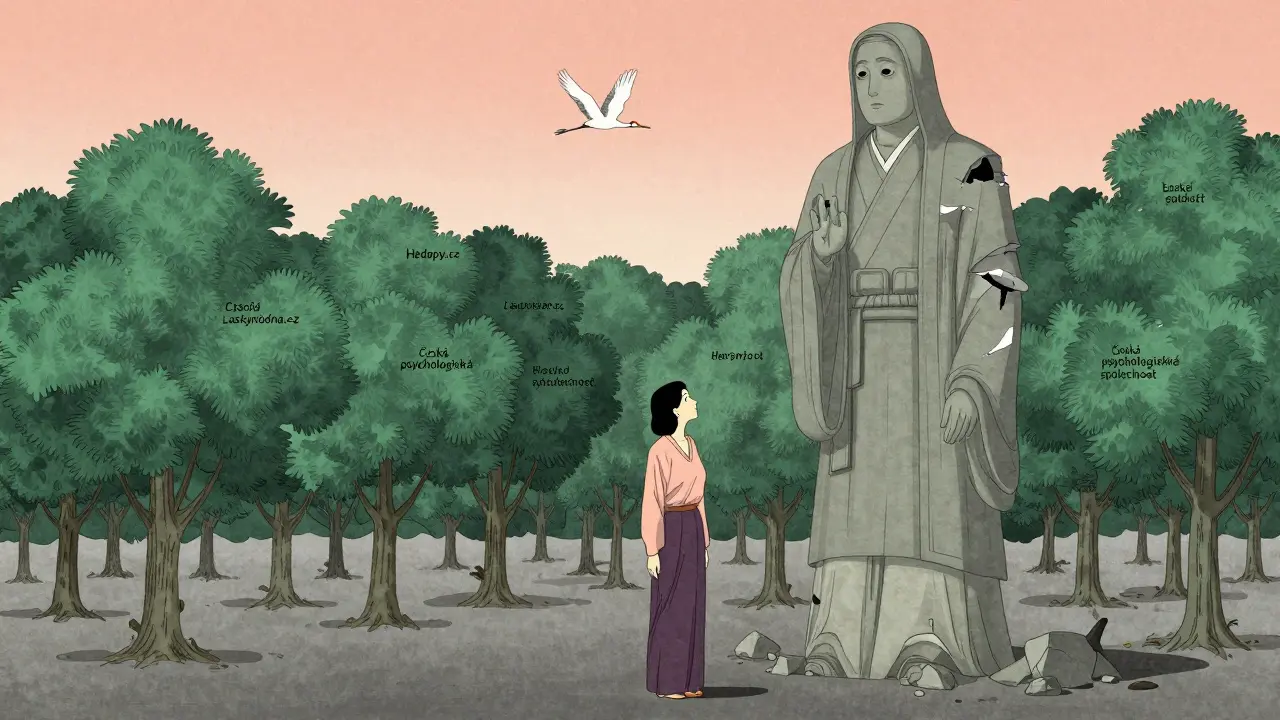 Žena stojí před říšně zničenou sochou terapeuta, zatímco za ní roste les důvěryhodných zdrojů.