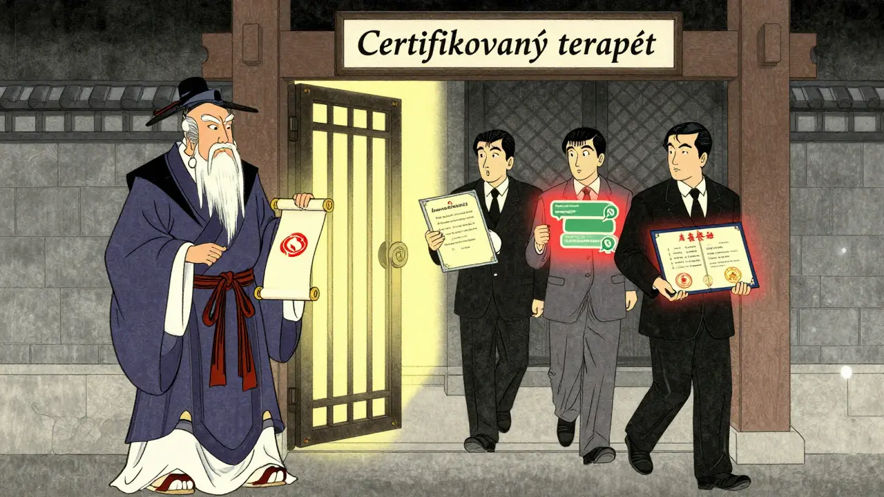 Brána certifikovaného terapeuta, která se otevírá jen pro ty s ověřeným titulem.