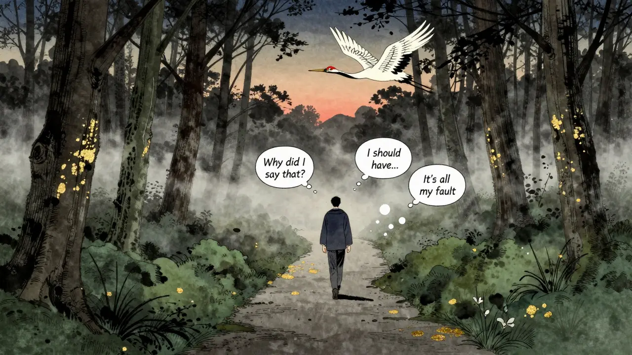 Cesta lesem, kde myšlenky se rozplynou jako mlha, zatímco člověk pokračuje dál.