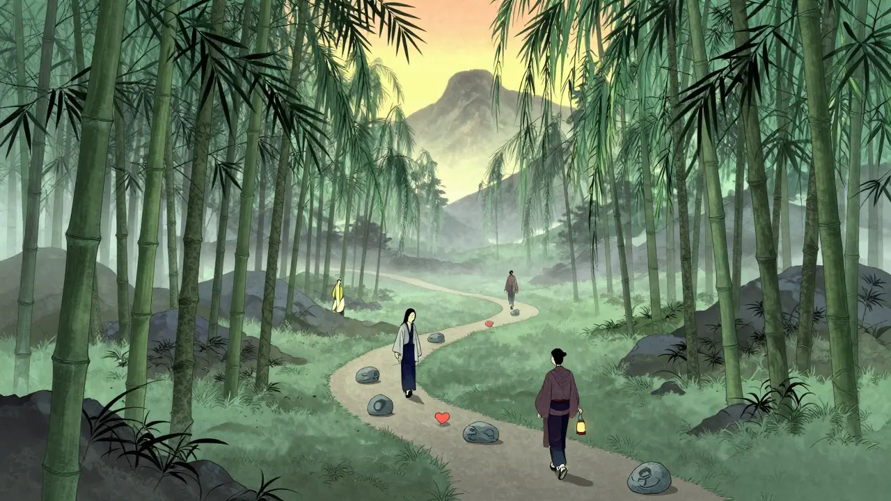 Cesta lesem s kameny symbolizujícími malé kroky k psychické odolnosti.