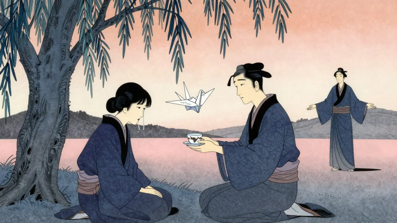 Člověk pláče pod stromem, jiný mu nabízí čaj — obraz emoce, přijetí a klidné podpory.