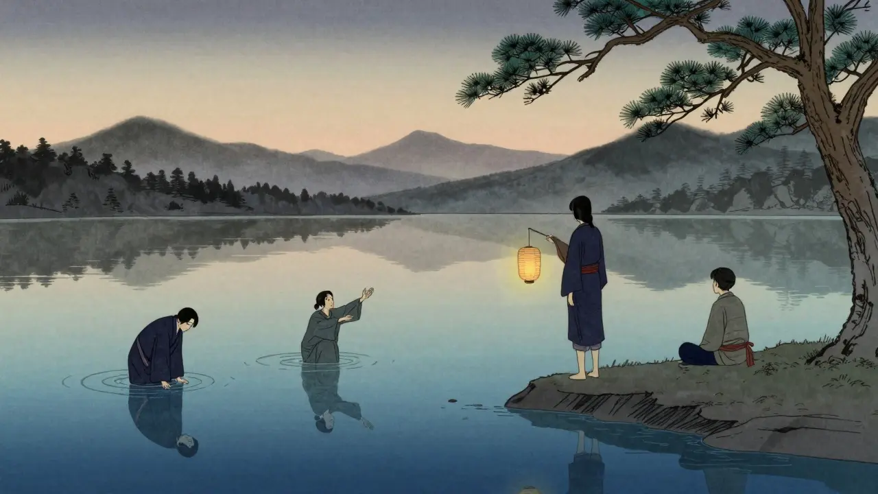 Člověk stojí u jezera, kde se v odrazu objevují tři různé verze sebe sama.