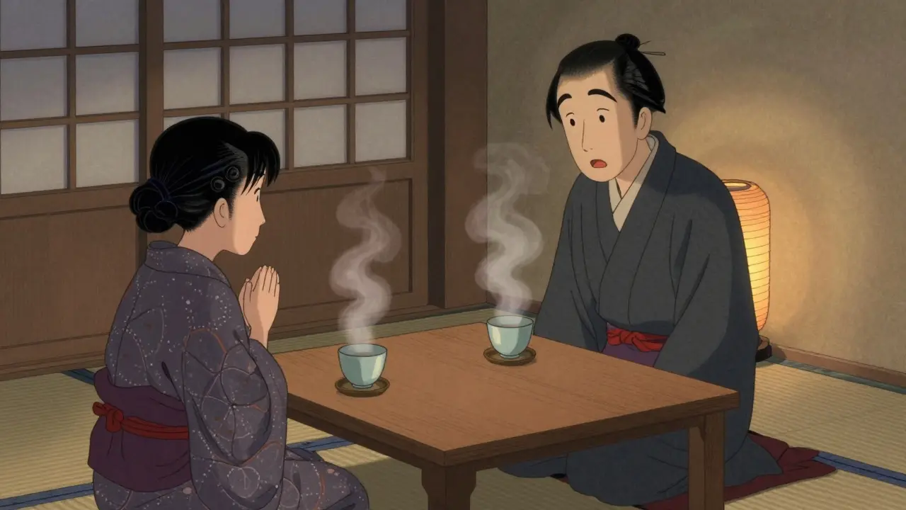 Dva lidé za sklenkou čaje v klidné místnosti, jemné osvětlení a tichá podpora bez slov.