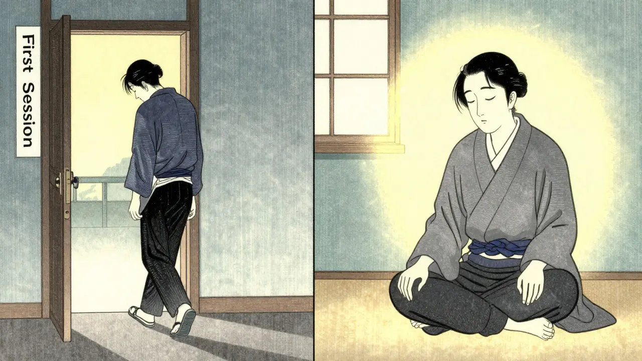 Dvě scény: jedna osoba odchází, druhá sedí v klidu s jemným zářením – symbol volby pokračovat v terapii.