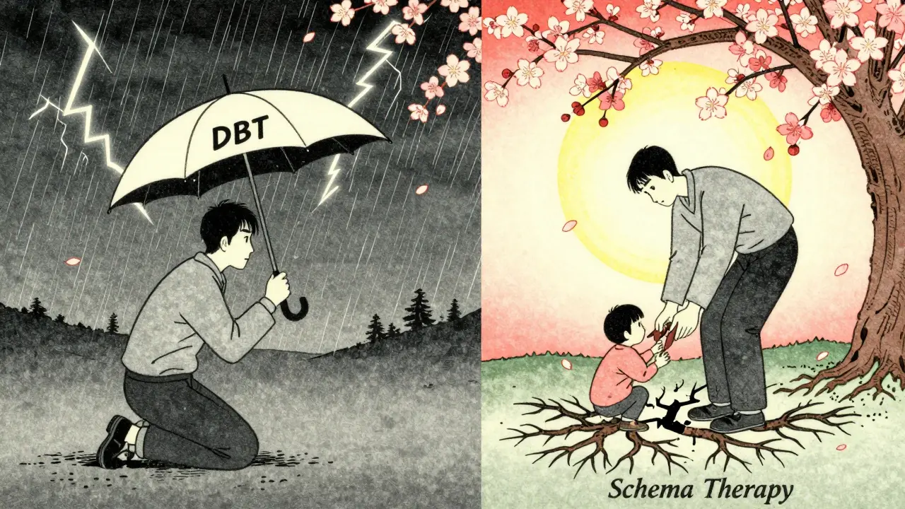 Dvoufázový přístup: DBT jako ochrana před bouří a Schema Therapy jako oprava základů domu v ukiyo-e stylu.