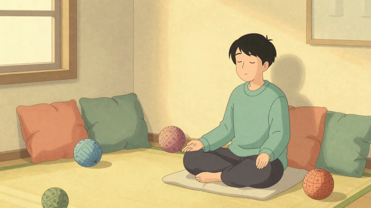 Klidná místnost s měkkými pomůckami pro bezpečnou relaxaci